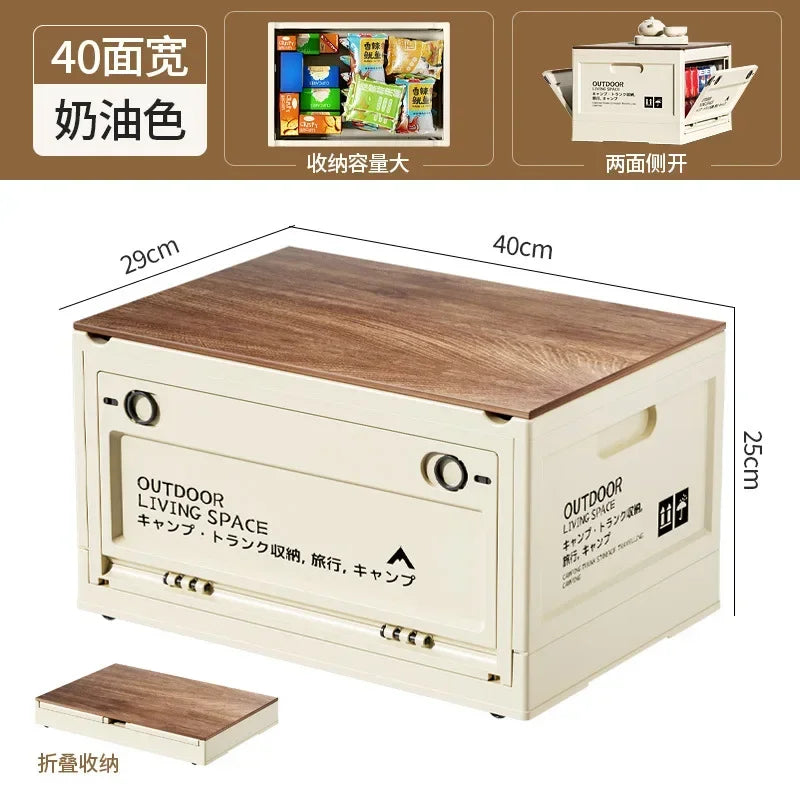 Boîte de rangement de Camping en plein air, bacs de rangement en plastique pliables avec couvercles en bois, pour Camping en plein air pique-nique intérieur maison chambre placard