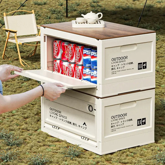 Boîte de rangement de Camping en plein air, bacs de rangement en plastique pliables avec couvercles en bois, pour Camping en plein air pique-nique intérieur maison chambre placard