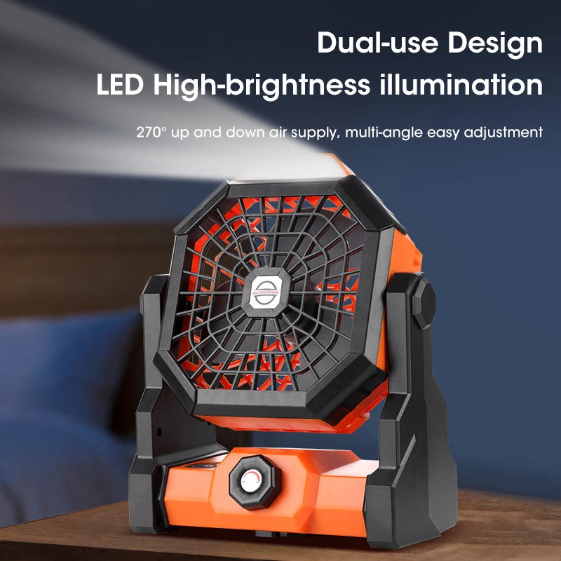 Ventilateur Portable Rechargeable de Haute Capacité avec Lumière LED et Crochet, Idéal pour le Bureau, le Camping, l'Extérieur, la Tente et la Voiture, 2024 mA, Nouveauté 7800