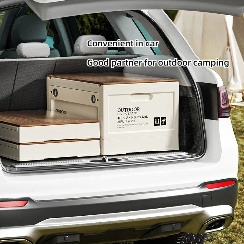 Boîte de rangement de Camping en plein air, bacs de rangement en plastique pliables avec couvercles en bois, pour Camping en plein air pique-nique intérieur maison chambre placard
