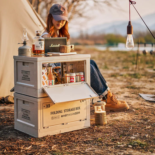 Boîte de rangement de Camping en plein air, bacs de rangement en plastique pliables avec couvercles en bois, pour Camping en plein air pique-nique intérieur maison chambre placard