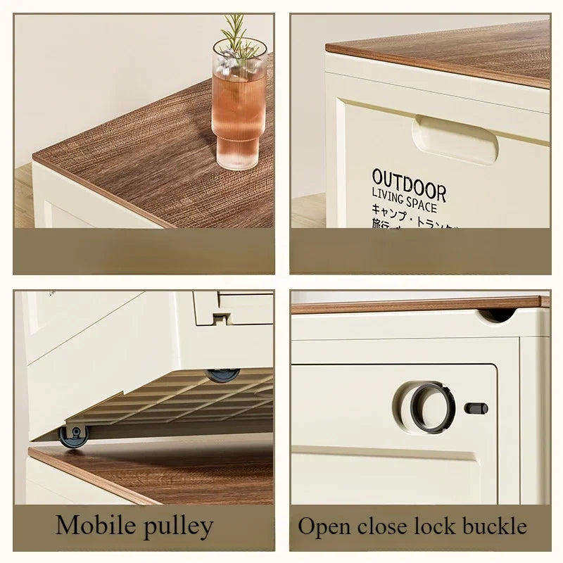 Boîte de rangement de Camping en plein air, bacs de rangement en plastique pliables avec couvercles en bois, pour Camping en plein air pique-nique intérieur maison chambre placard
